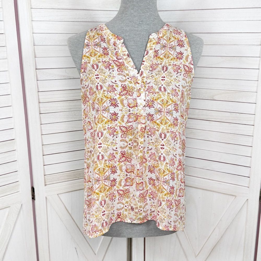 Artisan NY Floral Boho Sleeveless Tank Top Blouse White Yellow Red Small
